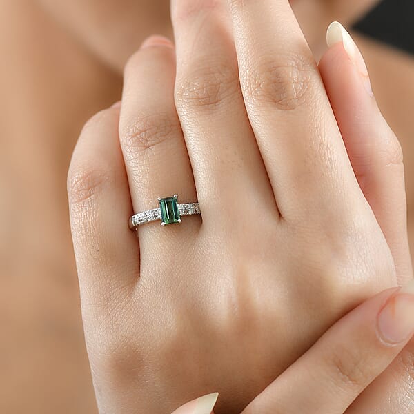 Shop Lc D'Joy Arquiana Mint Tourmaline Natural Champagne And White Diamond Ring In Rhodium Over Sterling Silver 0.70 Ctw