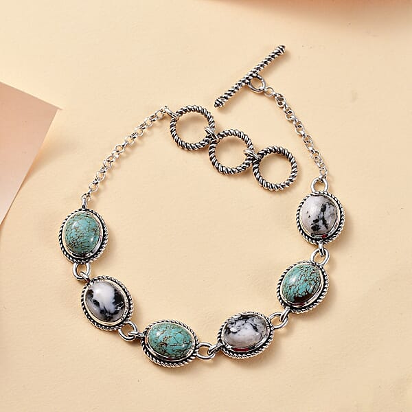 Shop Lc D'Joy Artisan Crafted Blue Horizon Turquoise And White Buffalo 15.80 Ctw Toggle Clasp Bracelet In Black Oxidized Sterling Silver (6.50-8.0In) (7.25 In)