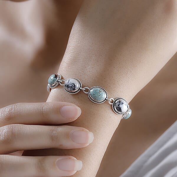 Shop Lc D'Joy Artisan Crafted Blue Horizon Turquoise And White Buffalo 15.80 Ctw Toggle Clasp Bracelet In Black Oxidized Sterling Silver (6.50-8.0In) (7.25 In)