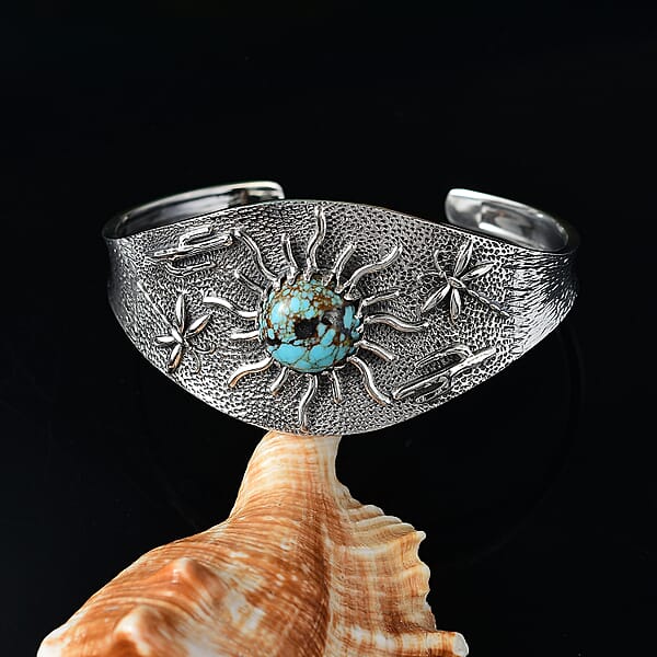 Shop Lc D'Joy Artisan Crafted Blue Moon Turquoise 8.25 Ctw Cactus Dragonfly And Sunflower Cuff Bracelet In Black Oxidized Sterling Silver (7.25 In)