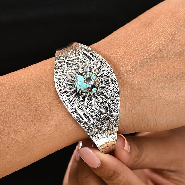 Shop Lc D'Joy Artisan Crafted Blue Moon Turquoise 8.25 Ctw Cactus Dragonfly And Sunflower Cuff Bracelet In Black Oxidized Sterling Silver (7.25 In)