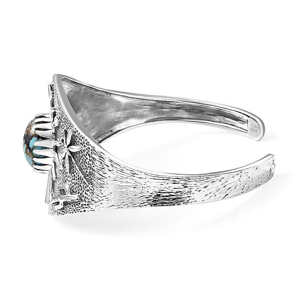 Shop Lc D'Joy Artisan Crafted Blue Moon Turquoise 8.25 Ctw Cactus Dragonfly And Sunflower Cuff Bracelet In Black Oxidized Sterling Silver (7.25 In)