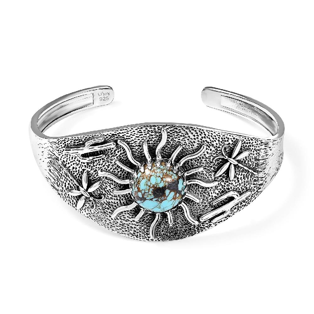 shop lc D'Joy Artisan Crafted Blue Moon Turquoise 8.25 ctw Cactus Dragonfly and Sunflower Cuff Bracelet in Black Oxidized Sterling Silver (7.25 In)
