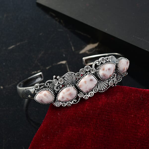 Shop Lc D'Joy Artisan Crafted Pink Natrolite And Natural Champagne Zircon 14.55 Ctw Oceanic Beauty Cuff Bracelet In Sterling Silver (7.25 In)