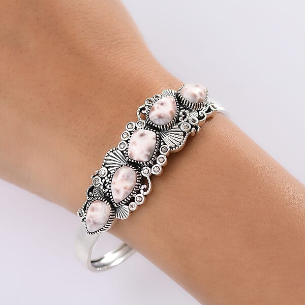 Shop Lc D'Joy Artisan Crafted Pink Natrolite And Natural Champagne Zircon 14.55 Ctw Oceanic Beauty Cuff Bracelet In Sterling Silver (7.25 In)