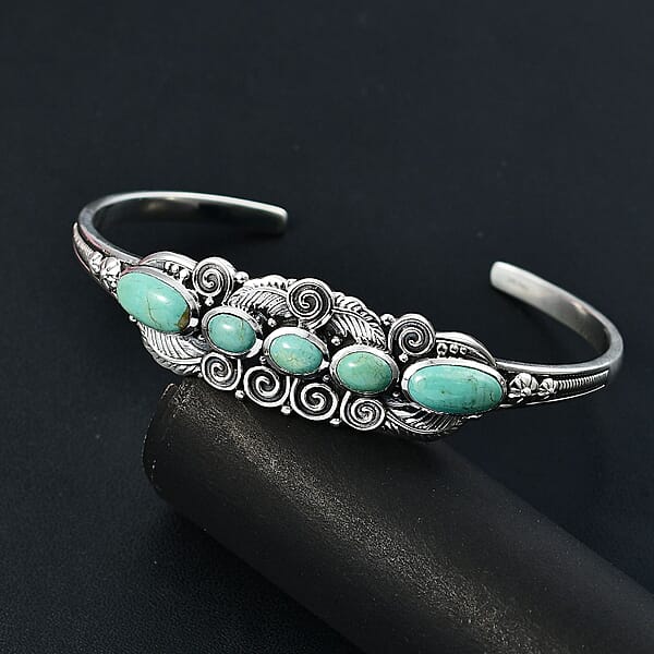 Shop Lc D'Joy Artisan Crafted Royston Turquoise 8.25 Ctw Leaf Cuff Bracelet In Sterling Silver (7.25 In)