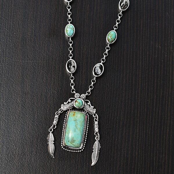 Shop Lc D'Joy Artisan Crafted Royston Turquoise And White Buffalo 13.15 Ctw Feather Necklace In Sterling Silver 18 Inches