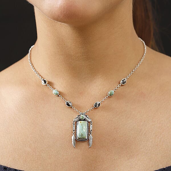 Shop Lc D'Joy Artisan Crafted Royston Turquoise And White Buffalo 13.15 Ctw Feather Necklace In Sterling Silver 18 Inches