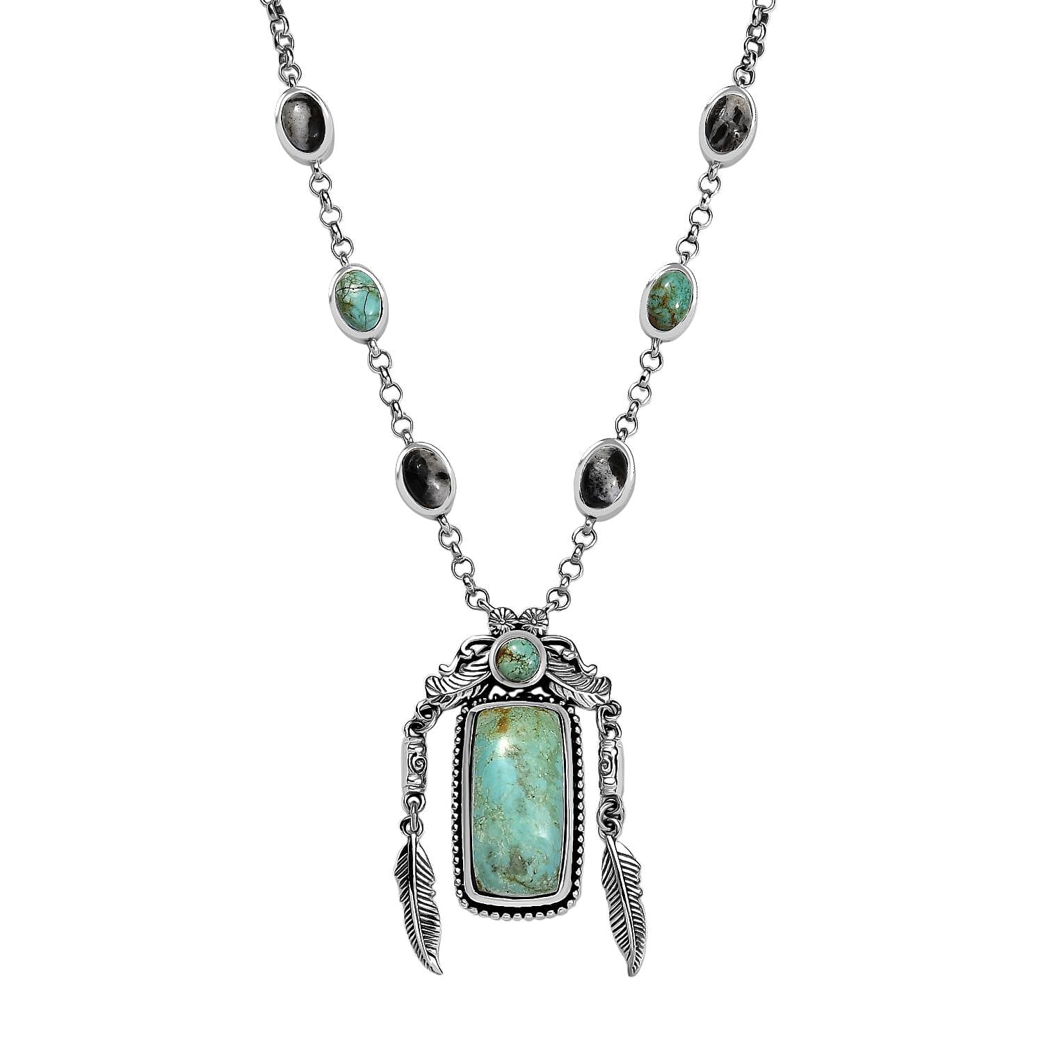 shop lc D'Joy Artisan Crafted Royston Turquoise and White Buffalo 13.15 ctw Feather Necklace in Sterling Silver 18 Inches