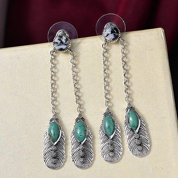 Shop Lc D'Joy Artisan Crafted Tahoe Nevada Turquoise And White Buffalo 5.40 Ctw Feather Earrings In Sterling Silver