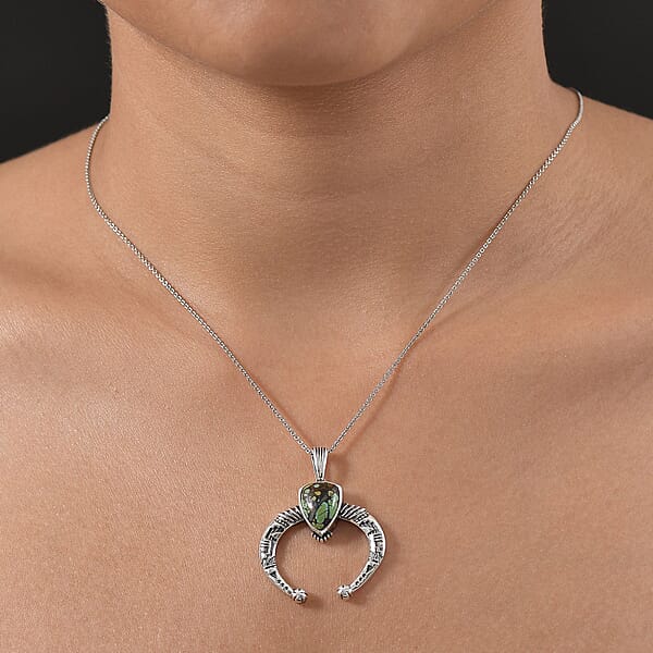 Shop Lc D'Joy Artisan Crafted Whispering Web Turquoise 3.70 Ctw Squash Blossom Pendant Without Chain In Sterling Silver