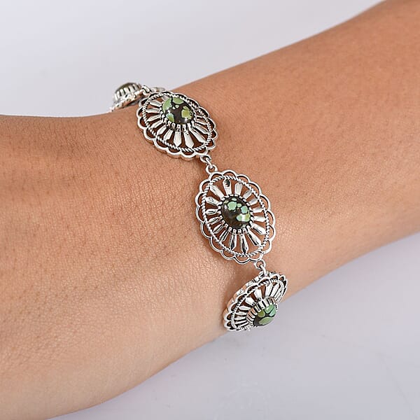 Shop Lc D'Joy Artisan Crafted Whispering Web Turquoise 6.10 Ctw Concho Bracelet In Sterling Silver (6.50-8.0In)