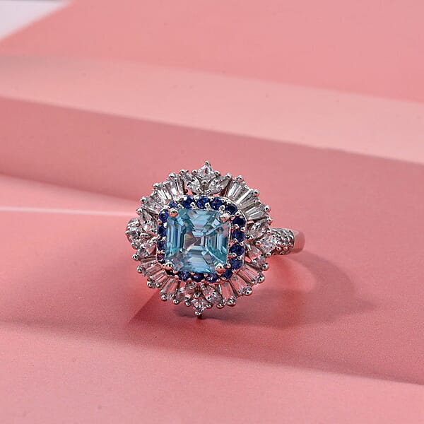 Shop Lc D'Joy Asscher Cut Cambodian Blue Zircon And Multi Gemstone 4.40 Ctw Art Deco Ring In Rhodium Over Sterling Silver