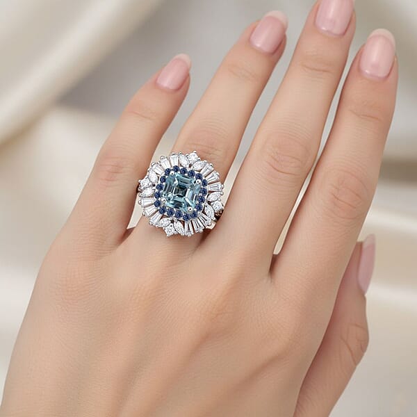 Shop Lc D'Joy Asscher Cut Cambodian Blue Zircon And Multi Gemstone 4.40 Ctw Art Deco Ring In Rhodium Over Sterling Silver