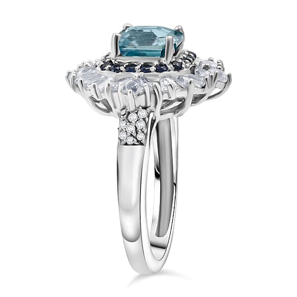 Shop Lc D'Joy Asscher Cut Cambodian Blue Zircon And Multi Gemstone 4.40 Ctw Art Deco Ring In Rhodium Over Sterling Silver