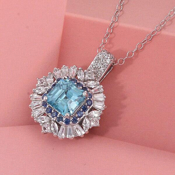 Shop Lc D'Joy Asscher Cut Cambodian Blue Zircon And Multi Gemstone 4.50 Ctw Art Deco Pendant Necklace In Rhodium Over Sterling Silver 20 Inches