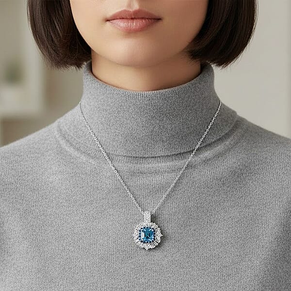 Shop Lc D'Joy Asscher Cut Cambodian Blue Zircon And Multi Gemstone 4.50 Ctw Art Deco Pendant Necklace In Rhodium Over Sterling Silver 20 Inches