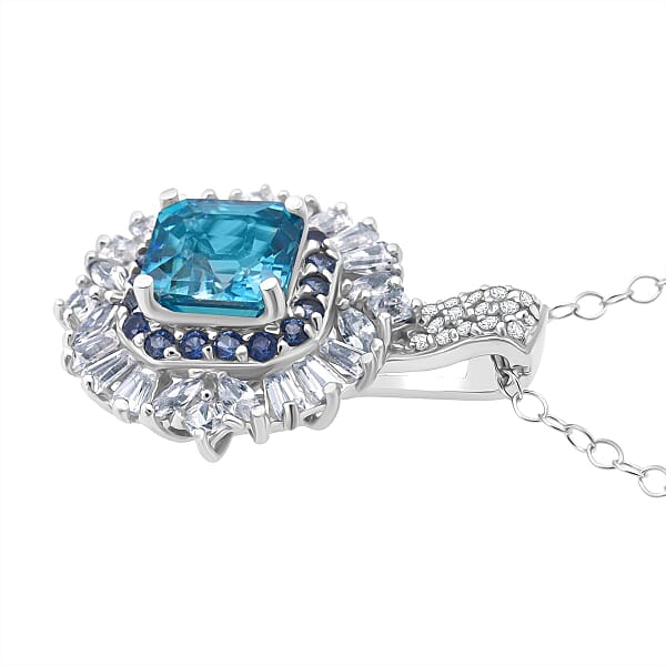 Shop Lc D'Joy Asscher Cut Cambodian Blue Zircon And Multi Gemstone 4.50 Ctw Art Deco Pendant Necklace In Rhodium Over Sterling Silver 20 Inches