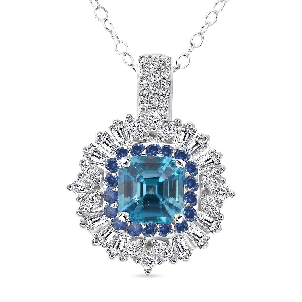 shop lc D'Joy Asscher Cut Cambodian Blue Zircon and Multi Gemstone 4.50 ctw Art Deco Pendant Necklace in Rhodium Over Sterling Silver 20 Inches