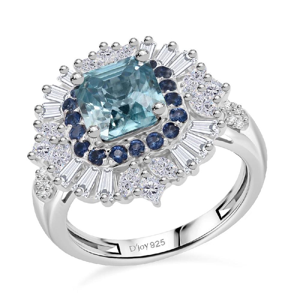 shop lc D'Joy Asscher Cut Cambodian Blue Zircon and Multi Gemstone 4.40 ctw Art Deco Ring in Rhodium Over Sterling Silver