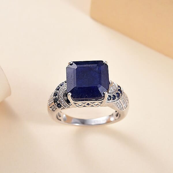 Shop Lc D'Joy Asscher Cut Masoala Sapphire (D) And Multi Gemstone 11.30 Ctw Majestic Wave Ring In Rhodium Over Sterling Silver