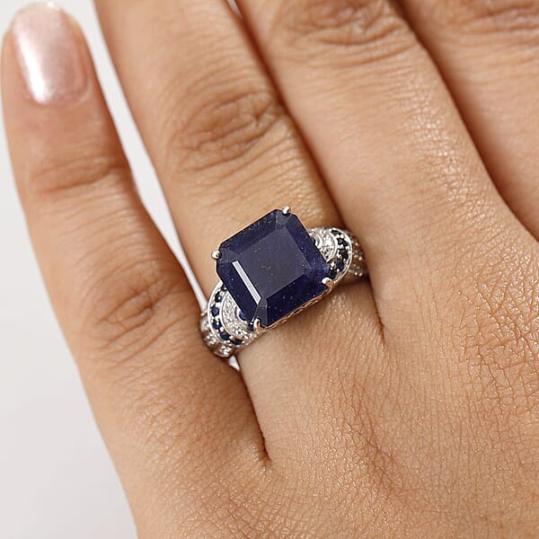Shop Lc D'Joy Asscher Cut Masoala Sapphire (D) And Multi Gemstone 11.30 Ctw Majestic Wave Ring In Rhodium Over Sterling Silver