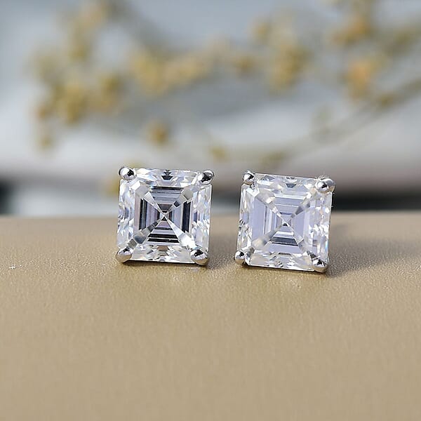 Shop Lc D'Joy Asscher Cut Moissanite 5.50 Ctw Stud Earrings In Rhodium Over Sterling Silver