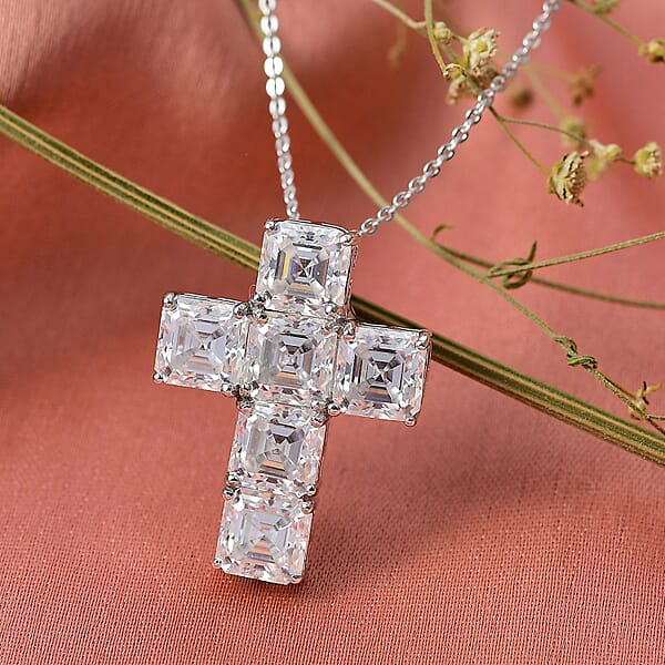 Shop Lc D'Joy Asscher Cut Moissanite 7.00 Ctw Faithlight Pendant Necklace In Rhodium Over Sterling Silver 20 Inches