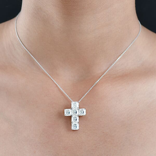 Shop Lc D'Joy Asscher Cut Moissanite 7.00 Ctw Faithlight Pendant Necklace In Rhodium Over Sterling Silver 20 Inches