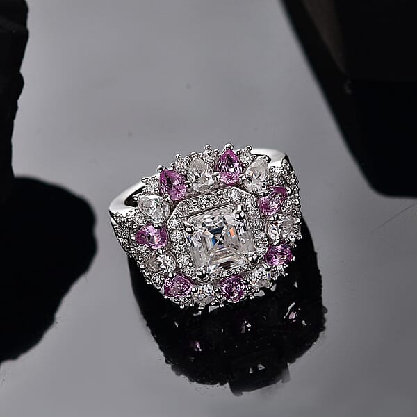 Shop Lc D'Joy Asscher Cut Moissanite And Madagascar Pink Sapphire 5.00 Ctw Majestic Orchid Ring In Rhodium Over Sterling Silver