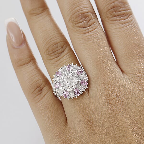 Shop Lc D'Joy Asscher Cut Moissanite And Madagascar Pink Sapphire 5.00 Ctw Majestic Orchid Ring In Rhodium Over Sterling Silver