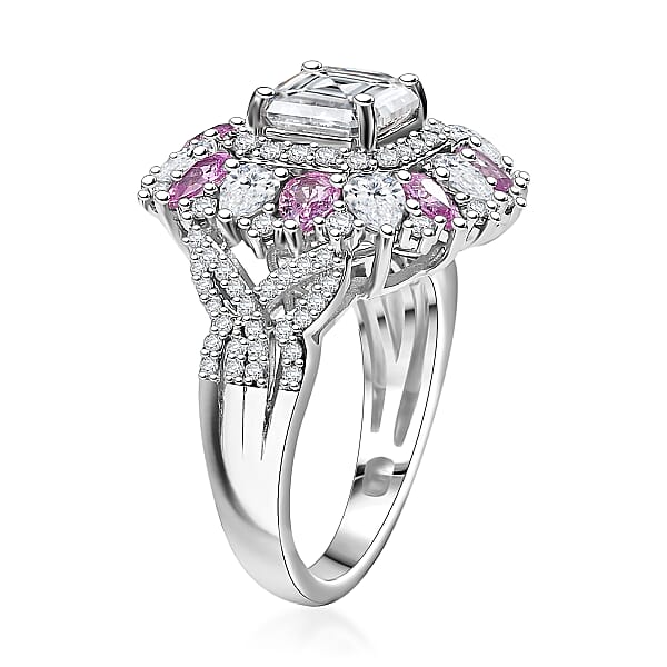 Shop Lc D'Joy Asscher Cut Moissanite And Madagascar Pink Sapphire 5.00 Ctw Majestic Orchid Ring In Rhodium Over Sterling Silver