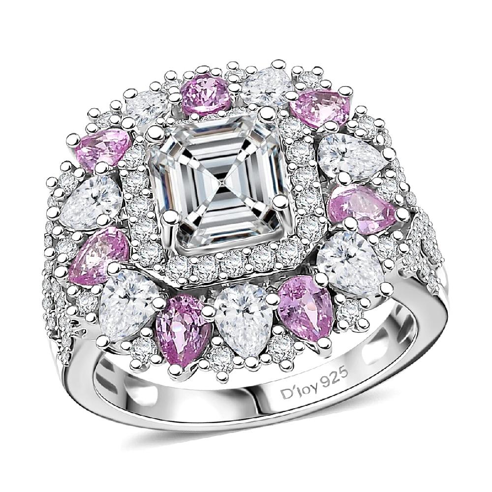 shop lc D'Joy Asscher Cut Moissanite and Madagascar Pink Sapphire 5.00 ctw Majestic Orchid Ring in Rhodium Over Sterling Silver