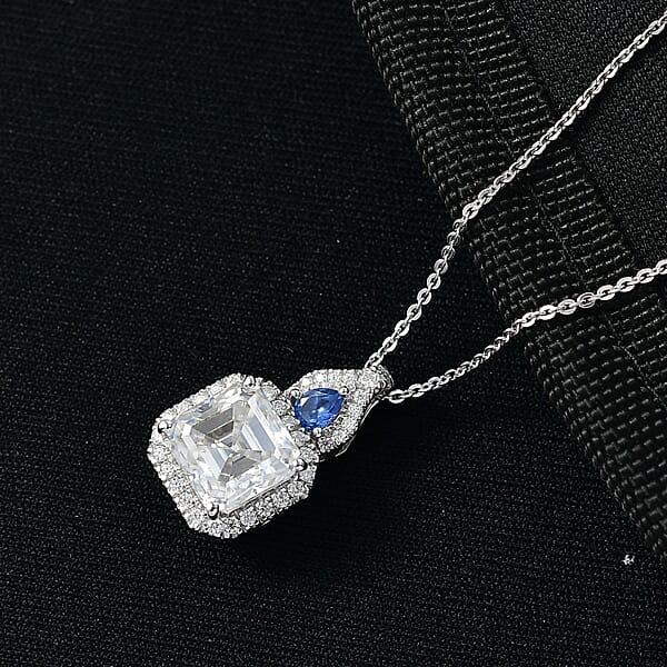 Shop Lc D'Joy Asscher Cut Moissanite Ceylon Blue Sapphire Pendant Necklace In Rhodium Over Sterling Silver 3.50 Ctw (20 Inches)