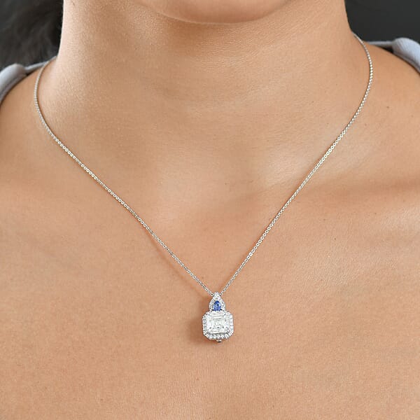 Shop Lc D'Joy Asscher Cut Moissanite Ceylon Blue Sapphire Pendant Necklace In Rhodium Over Sterling Silver 3.50 Ctw (20 Inches)