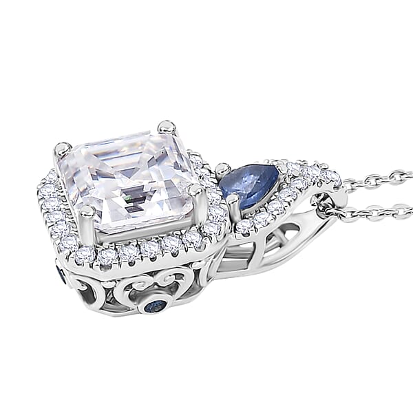 Shop Lc D'Joy Asscher Cut Moissanite Ceylon Blue Sapphire Pendant Necklace In Rhodium Over Sterling Silver 3.50 Ctw (20 Inches)