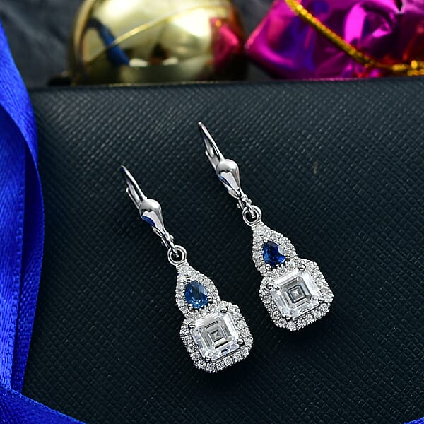 Shop Lc D'Joy Asscher Cut Moissanite Ceylon Blue Sapphire Earrings In Rhodium Over Sterling Silver 3.30 Ctw