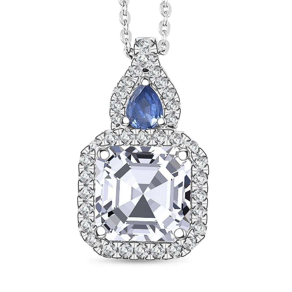 shop lc D'Joy Asscher Cut Moissanite Ceylon Blue Sapphire Pendant Necklace in Rhodium Over Sterling Silver 3.50 ctw (20 Inches)