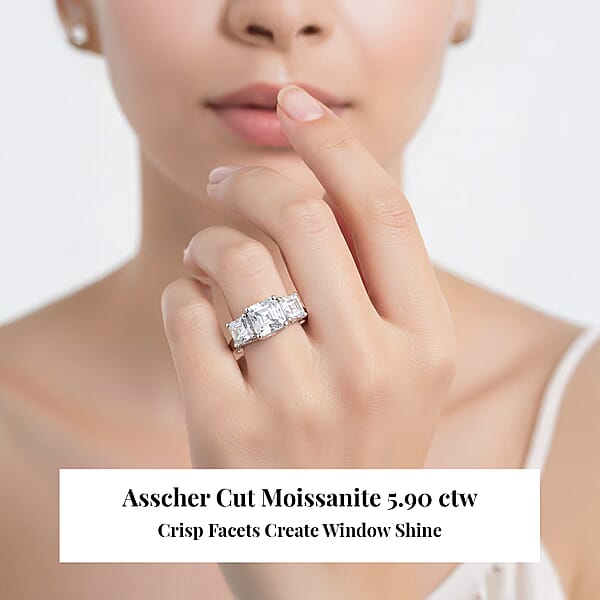 Shop Lc D'Joy Asscher Cut Moissanite Trinity Ring In Rhodium Over Sterling Silver 5.90 Ctw