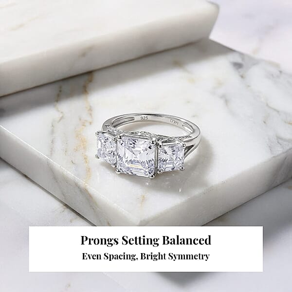 Shop Lc D'Joy Asscher Cut Moissanite Trinity Ring In Rhodium Over Sterling Silver 5.90 Ctw