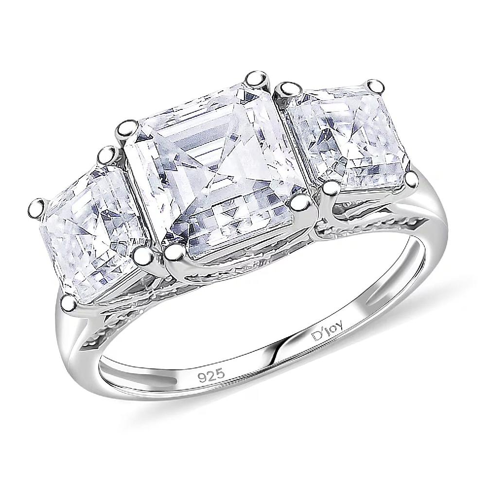 shop lc D'Joy Asscher Cut Moissanite Trinity Ring in Rhodium Over Sterling Silver 5.90 ctw