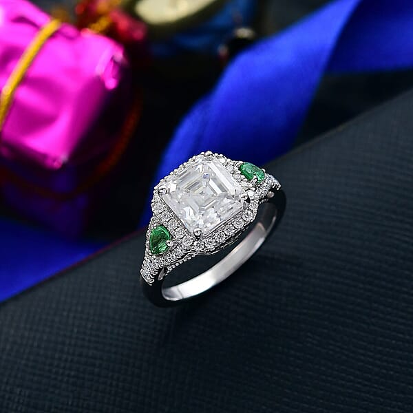 Shop Lc D'Joy Asscher Cut Moissanite Tsavorite Garnet Ring In Rhodium Over Sterling Silver 3.75 Ctw