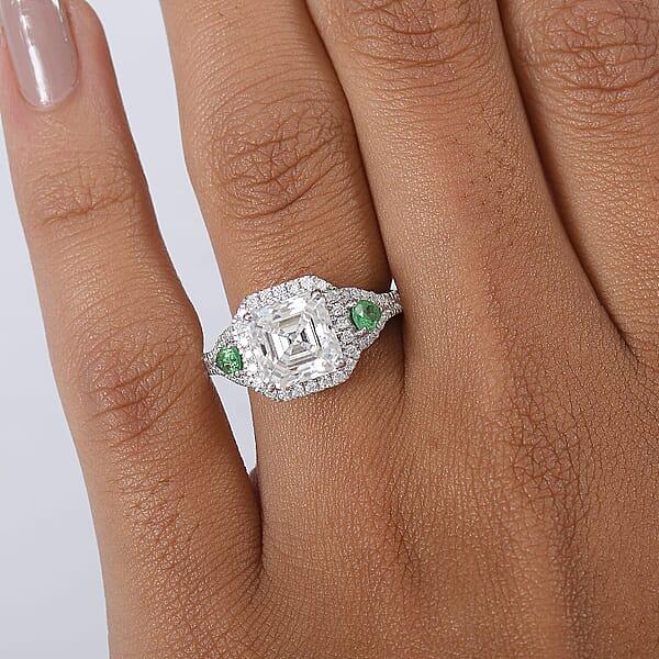 Shop Lc D'Joy Asscher Cut Moissanite Tsavorite Garnet Ring In Rhodium Over Sterling Silver 3.75 Ctw