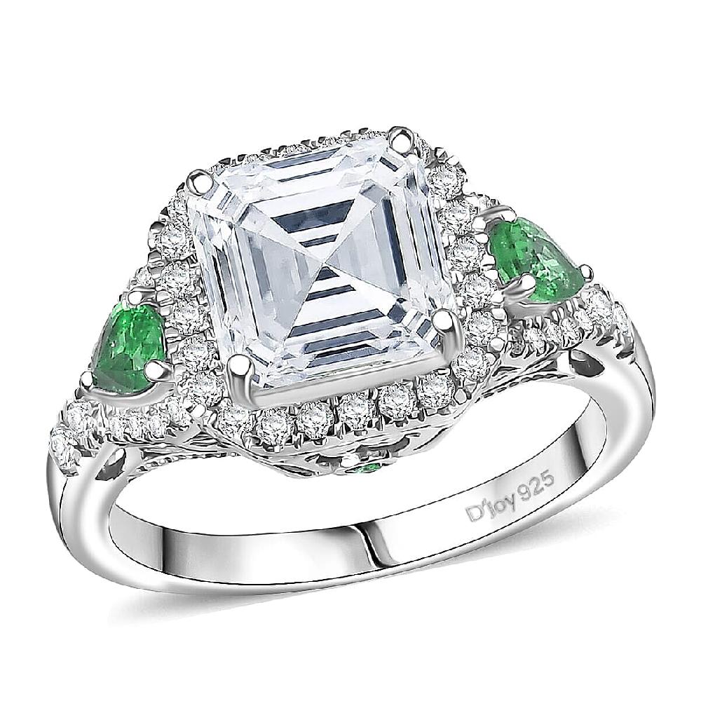 shop lc D'Joy Asscher Cut Moissanite Tsavorite Garnet Ring in Rhodium Over Sterling Silver 3.75 ctw