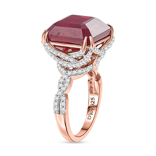 Shop Lc D'Joy Asscher Cut Niassa Ruby (FF) And White Zircon 22.60 Ctw Art-Deco Ring In 18K Vermeil Rose Gold Over Sterling Silver