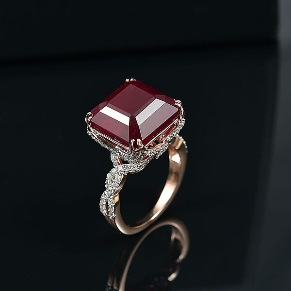 Shop Lc D'Joy Asscher Cut Niassa Ruby (FF) And White Zircon 22.60 Ctw Art-Deco Ring In 18K Vermeil Rose Gold Over Sterling Silver