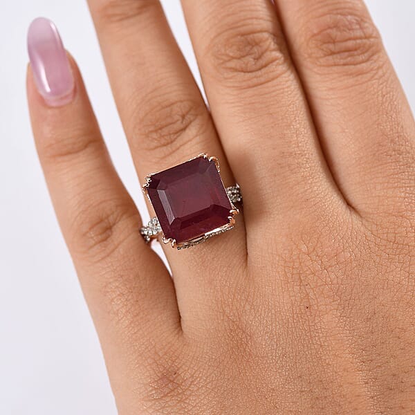 Shop Lc D'Joy Asscher Cut Niassa Ruby (FF) And White Zircon 22.60 Ctw Art-Deco Ring In 18K Vermeil Rose Gold Over Sterling Silver