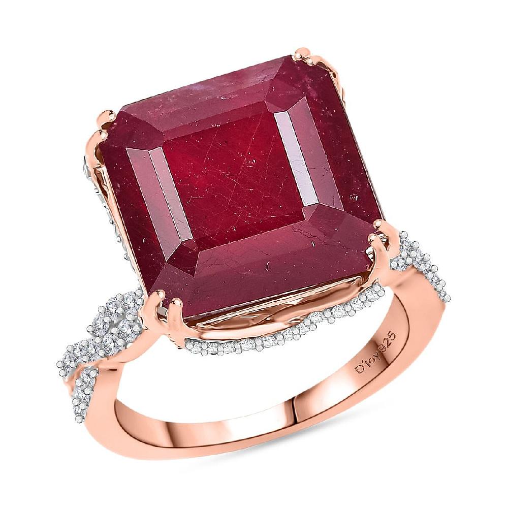 shop lc D'Joy Asscher Cut Niassa Ruby (FF) and White Zircon 22.60 ctw Art-Deco Ring in 18K Vermeil Rose Gold Over Sterling Silver