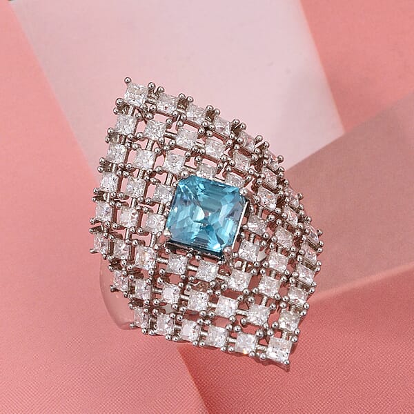 Shop Lc D'Joy Asscher Cut Premium Cambodian Blue Zircon And Moissanite 4.00 Ctw Royal Lattice Ring In Rhodium Over Sterling Silver