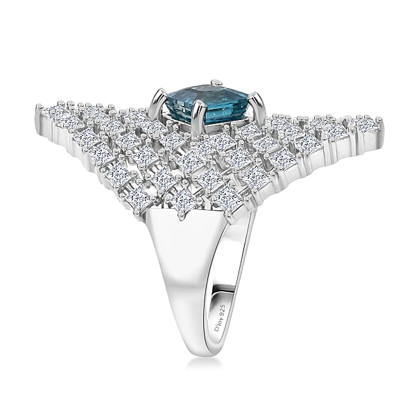 Shop Lc D'Joy Asscher Cut Premium Cambodian Blue Zircon And Moissanite 4.00 Ctw Royal Lattice Ring In Rhodium Over Sterling Silver